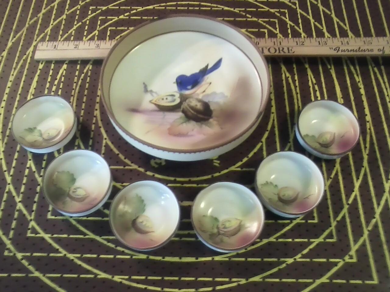 Vintage Hand Painted Nippon Nut Bowl Set with Bluebird