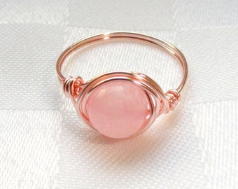 Rose gold wire wrapped rose quartz ring, Rose quartz wire wrapped ring, Gemstone ring, Rose gold ring, Pink stone ring