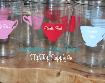 24 Tea Cup, Tea Time 10 oz. 12 oz. or 16 oz. clear cup. Baby Shower, birthday party, party cups, Tea Party, Alice in Wonderland. Vinyl C-29
