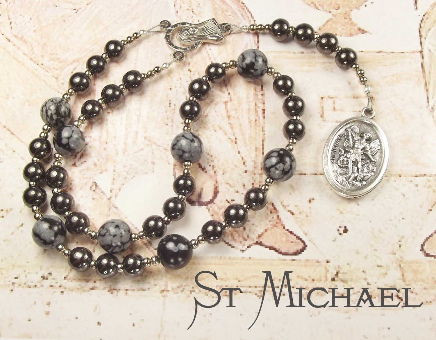 St MICHAEL CHAPLET with Haematite and Snowflake Obsidian beads