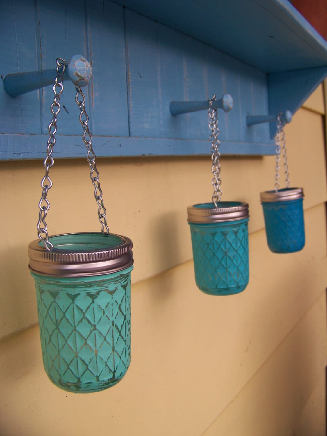 Hanging Mason Jar Votive Candle Holder Teal Turquoise