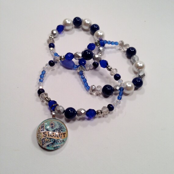 Items similar to Glass bead bracelet set w/ blue lapis gemstones, blue ...