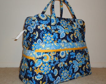 Weekender Quilted Travel Tote Bag Blue Yellow Gold Floral