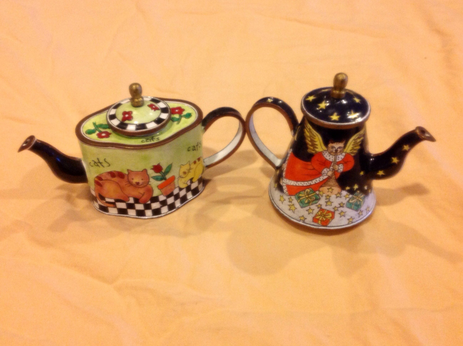 Mini Metal Enameled Cats Teapot