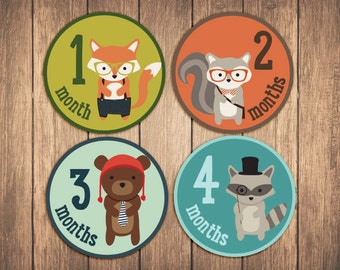 Monthly Baby Stickers, woodland animals baby month stickers, monthly baby stickers - Woodland Hipster