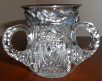 Antique Sterling Silver Ornate Rimmed Three Handled Glass Crystal