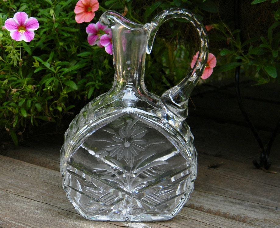 Vintage Cut Glass Liquor Decanter with Etched Floral Design