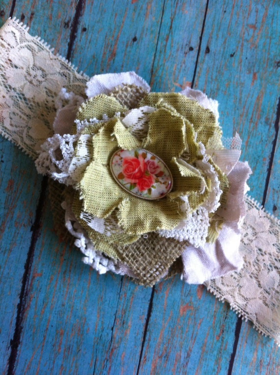 Shabby Chic Headband/ Linen, Lace, Burlap/ Bridal Flower/ Womens Brooch/ Rustic Wedding/ Girls Headband/ Baby Headband/ Girls Hairclip