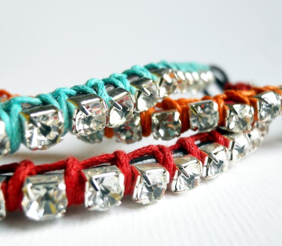 Bracelet Leather + Cotton Wrapped Rhinestone