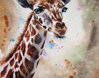 Giraffe Watercolor Child's Room Art print from my original watercolor giraffe painting Wall Decor 8 x 10