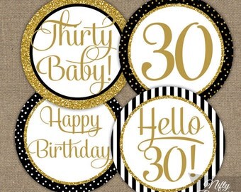 30th Birthday Cupcake Toppers - 30th Birthday Party Decorations Printable - Black Gold Glitter - Elegant 30th Birthday Favor Tags Thirty BGL
