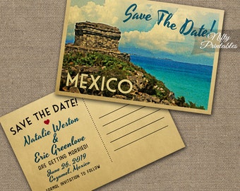 Mexico Save The Date Postcard - Vintage Travel Mexico Save The Date Postcards - Printable Retro Tulum Destination Wedding Save The Dates VTW