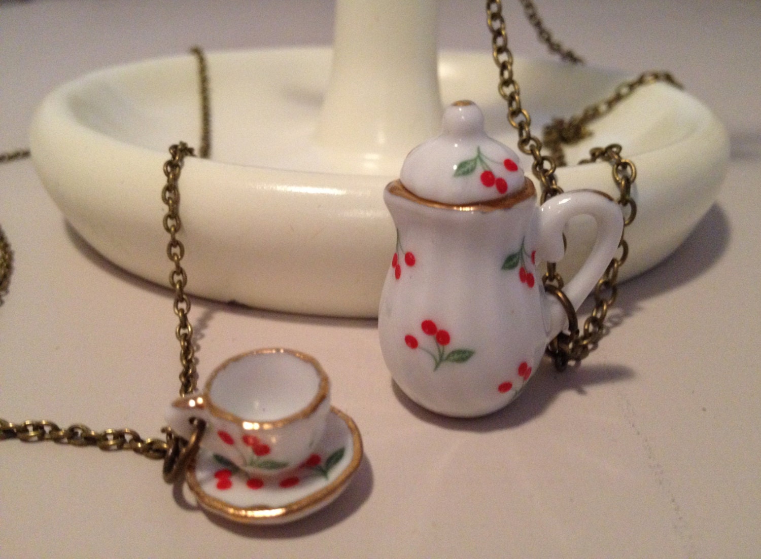 Tea cup necklace tea pot charm rockabilly cherry print