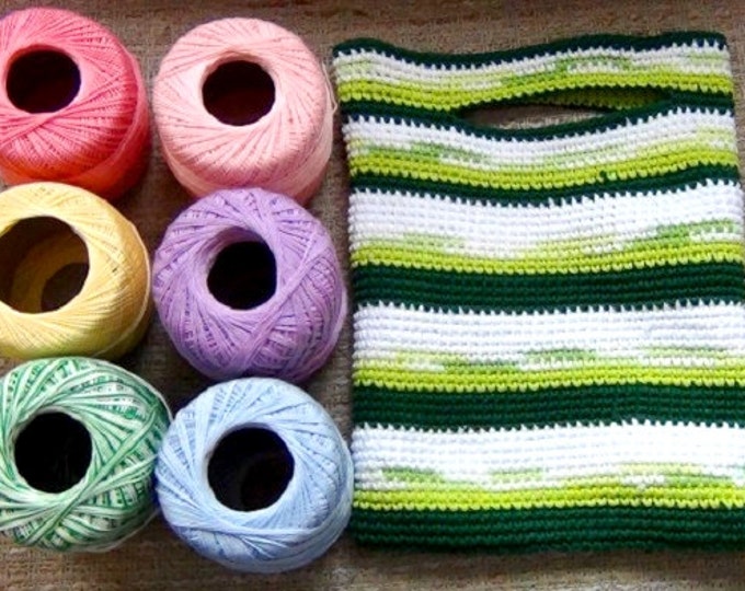 Green Striped Crocheted Gift Bag - Market Bag - Reusable Tote Bag - Cotton Bag - Shopping Tote - Eco Bag - Farmers Market Green Bag