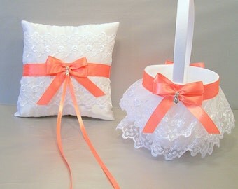 Coral Wedding Bridal, Flower Girl Basket and Ring Bearer Pillow Set on Ivory or White ~ Double Loop Bow & Hearts Charm ~ Allison Line