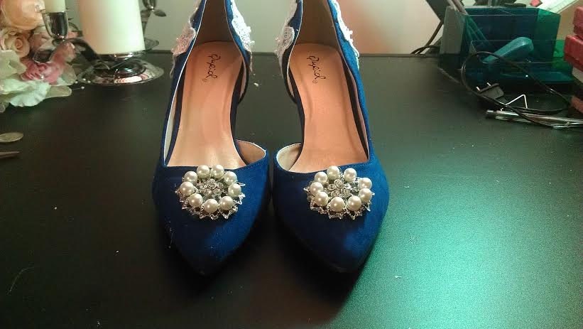 Cobalt Blue Suede Pumps with Kitten Heel and Alencon Lace