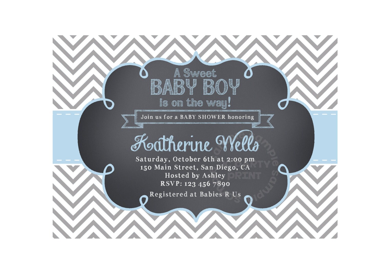 Chalk Chevron Baby Shower Invitation. Digital file. Grey