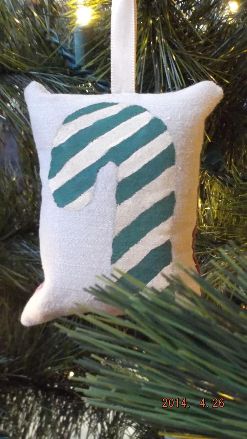 Primitive Green and Khaki Candy Cane Stenciled Pillow Christmas Tree Ornament FREE SHIPPING!
