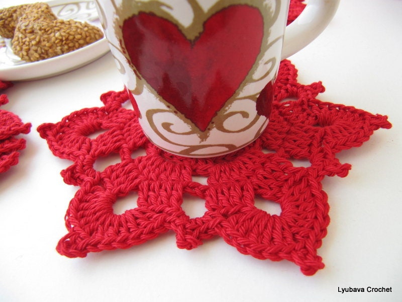 for christmas gifts teachers crochet Flower by Set Coaster CrochetedByLyubava Crochet Christmas Red