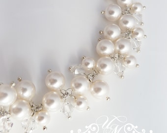 Wedding Jewelry Cluster Pearl Bracelet Messy style Swarovski Pearl Swarovski crystal Bracelet Bridal Bracelet Bridesmaids Bracelet - GRACE