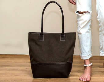 Sale!! Brown tote bag Leather and fabric tote - Brown tote , Handmade with LOVE
