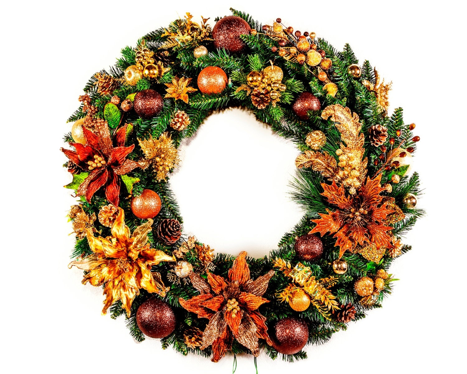 Giant Golden Brown Christmas Wreath with Lights - Silk Floral Arrangement