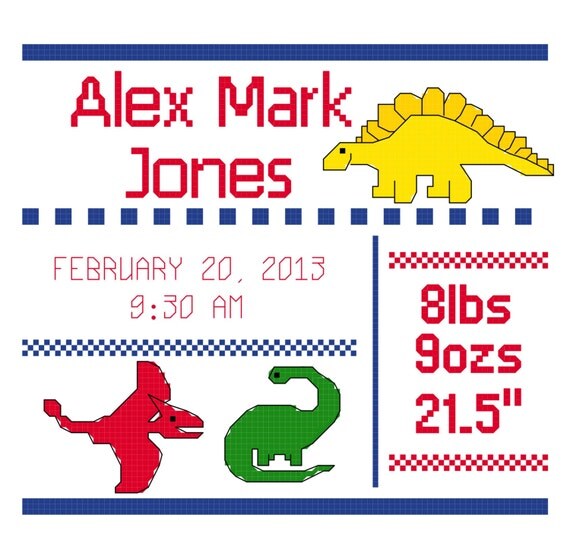 Items similar to Dinosaur Cross Stitch Birth Announcement Pattern on Etsy