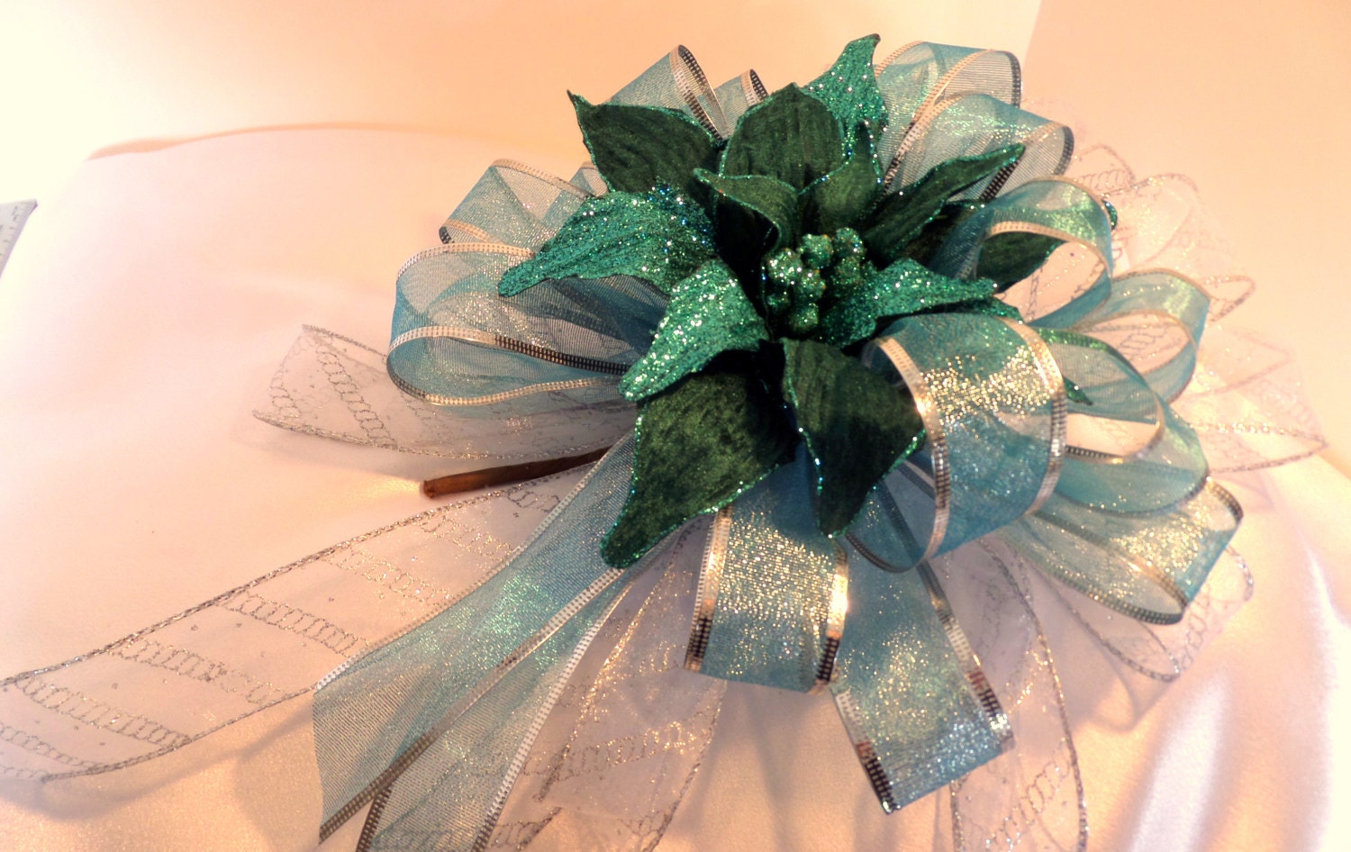 Large 28 Loop Mulit Color Silver and Blue Glitter Bow with Blue velvet Poinsettia Center