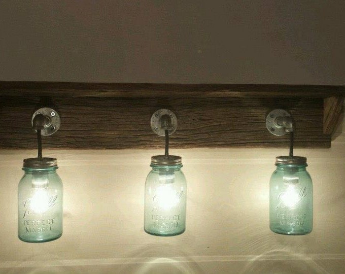 Rustic Barn Wood Mason Jar Light Fixture with SHELF