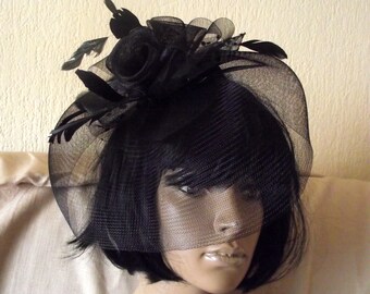 SALE Black Fascinator Hat Black Wedding Hat Black Petite Coctail Hat ...