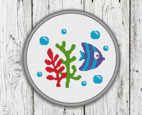Cute Blue Fish With Water Plants and Bubbles Counted Cross Stitch Pattern - PDF, Instant Download