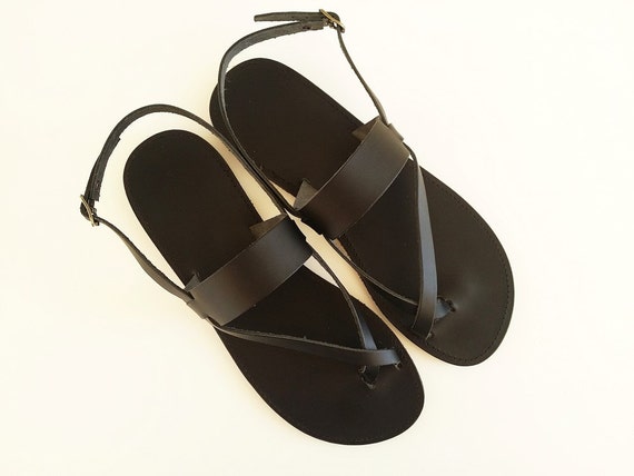 Women Leather Sandal-Black Toe Ring Ancient Greek Sandal