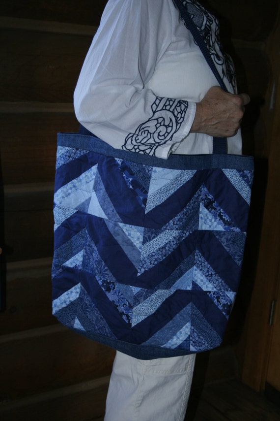 Blue Quilted and Denim Medium Size Tote Bag by PiecefulPatterns