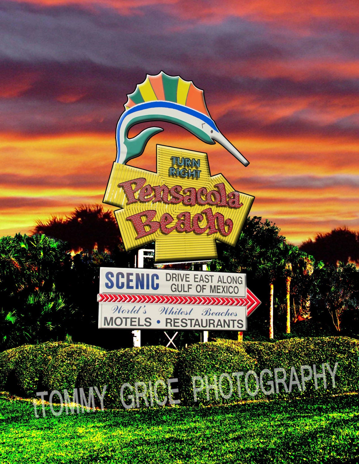 The Iconic Pensacola Beach Sign At Sunset.