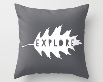 Explore Pillow Cover, oak leaf silhouette, grey rustic decor, wilderness explorer decorative pillow cover