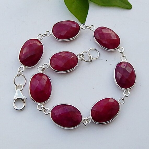 Red Indian Ruby Gemstone 925 Sterling Silver Bracelet - Birthstone ...