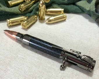 mini gun metal and carbon fiber bullet pen with operating bolt action
