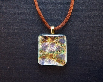 Silver and gold diamond-patterned iridescent dichroic glass pendant