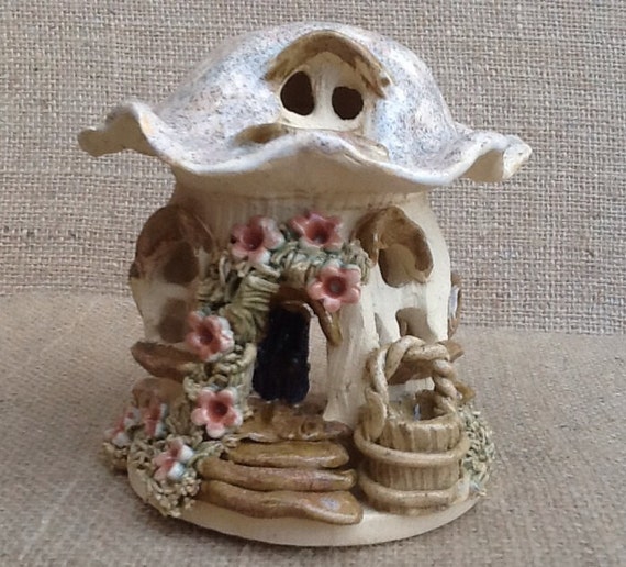 Items similar to Mushroom house tea light holder, pottery night light ...