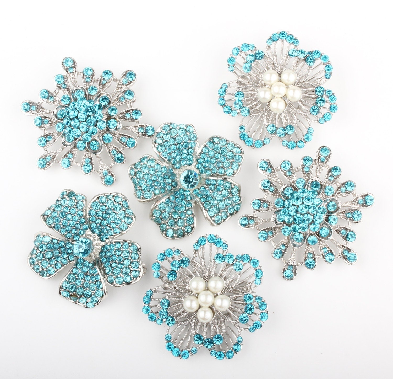 6pcs Blue Rhinestone Pin Brooch, DIY Brooch Bouquet Lot, Bridal Bridesmaid Gift, Wedding Accessory Embellishment