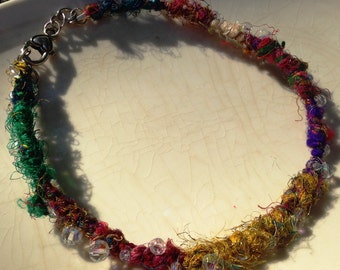 Artisan Sari Silk Necklace Choker Fair Trade Sari Silk Multi Colored Sari Yarn Clear AB Swarovski Crystals Wire Wrapped
