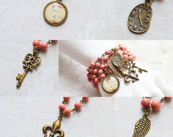 DELICATE ROSE 5pcs. Bracelets made of brass and natural coral with pendants