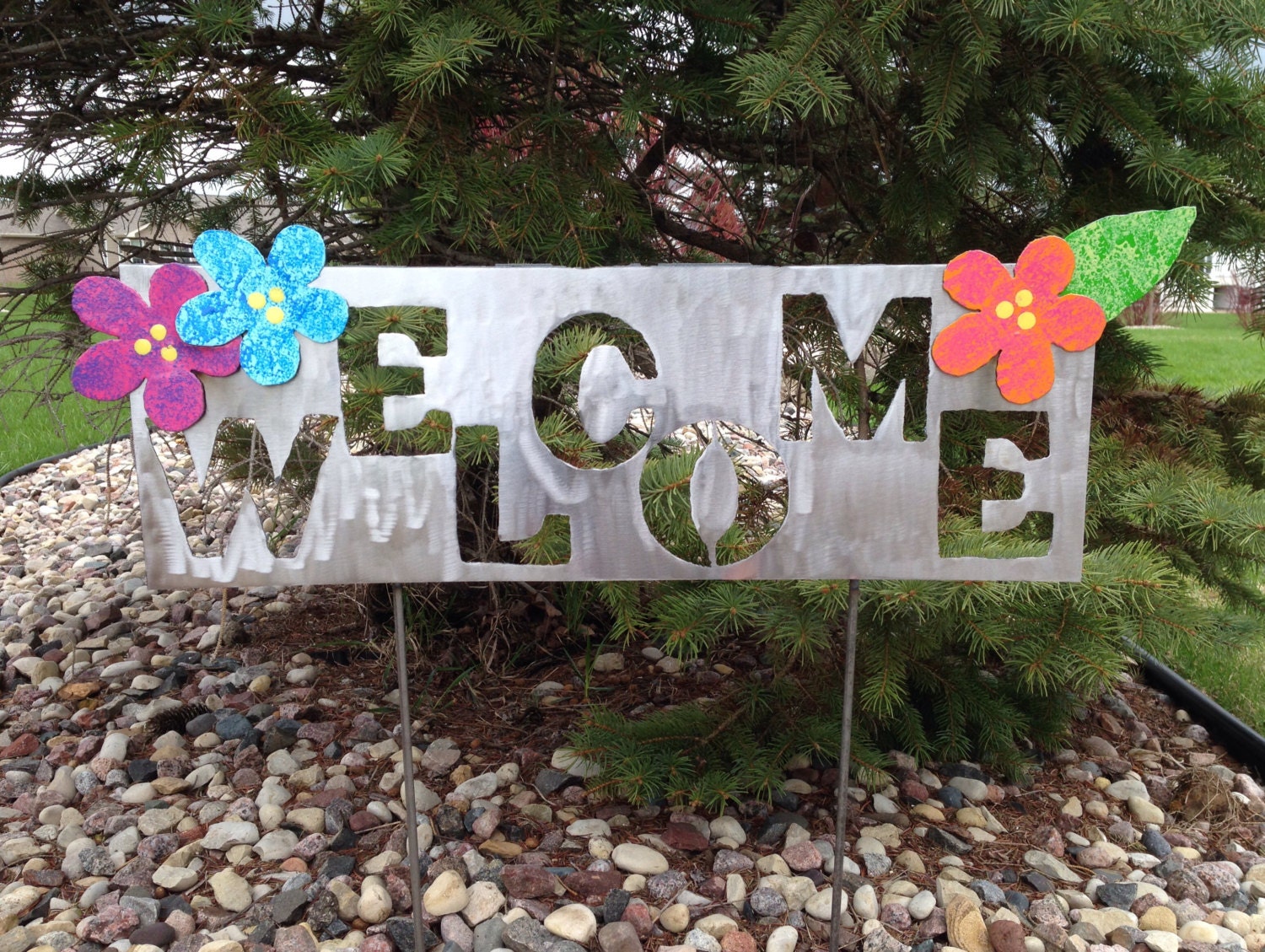 Metal Garden Art Yard Sign with Blue Pink And Orange Metal