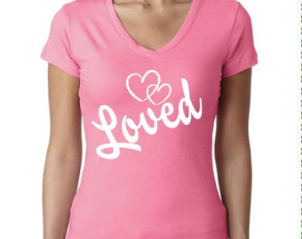 Loved women's soft pink v-neck Christian Clothing