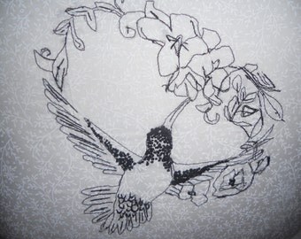 Minimalist Black and White Hummingbird Pillow--HAND SKETCHED