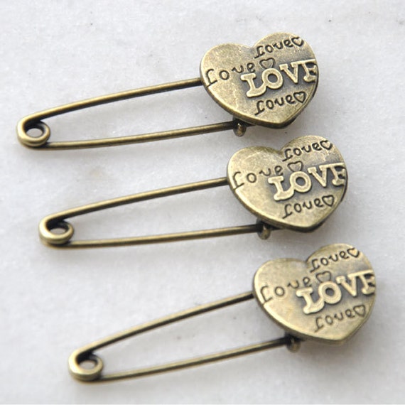 Safety Pins 5pcs Antique Bronze Love Safety Pin Brooch Charms
