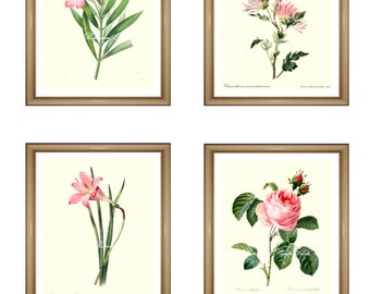 Pink flowers print Set. Botanical Print Set. ANY 4 pink flower prints. Pink Wall Art Set. Pink Flower print set. 5x7" 8x10" 11x14"