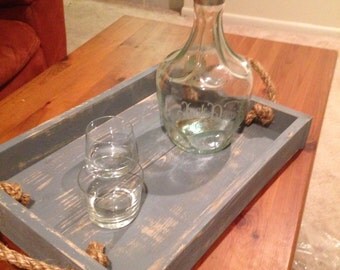 Large Distressed Wooden Tray with Rope Handle