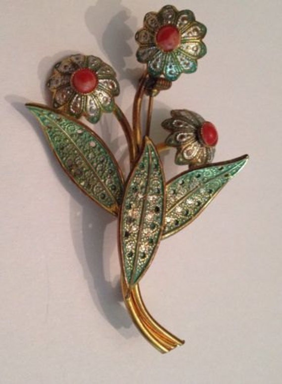 Vintage Damascene Spanish Flower Brooch by Stellavintagejewelry