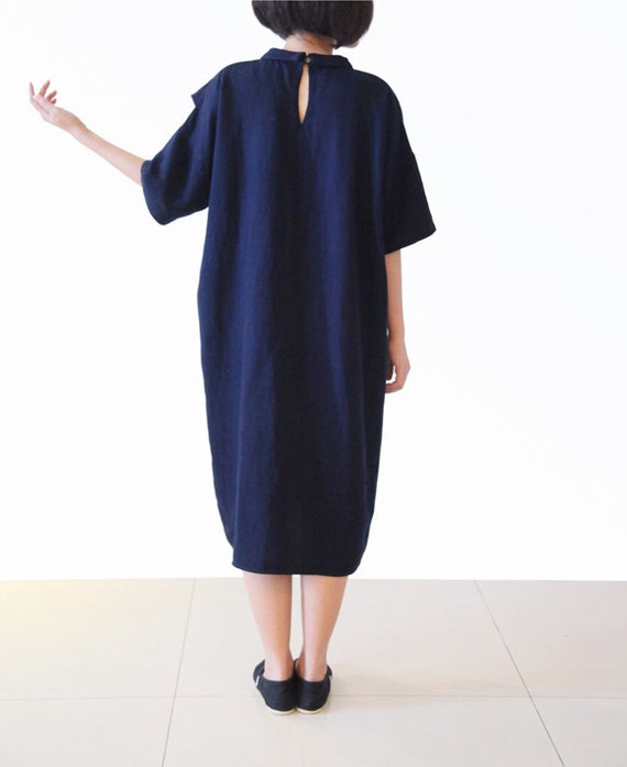 Sale Dark Blue Dress Cotton Linen Dress Long Dress Tunic by lanbao